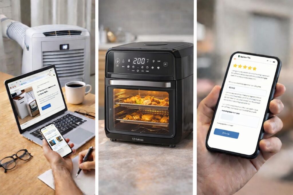 Banner do site Escolha Feita com ar-condicionado portátil, air fryer e avaliação de produtos no celular