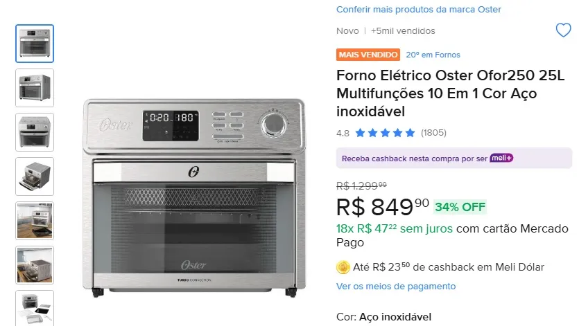Captura de tela do anúncio do Forno Elétrico Oster OFOR250 25L no Mercado Livre, destacando o preço de R$ 849,90, nota 4.8 estrelas e o selo de mais vendido.