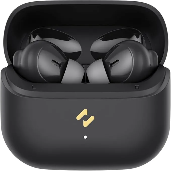 Close de um par de fones de ouvido Havit TW982 intra-auriculares pretos e brilhantes, acomodados dentro de seu estojo de carregamento preto fosco aberto.